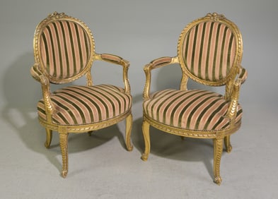 Louis XVI Style Pair of Gilded Arm Chairs