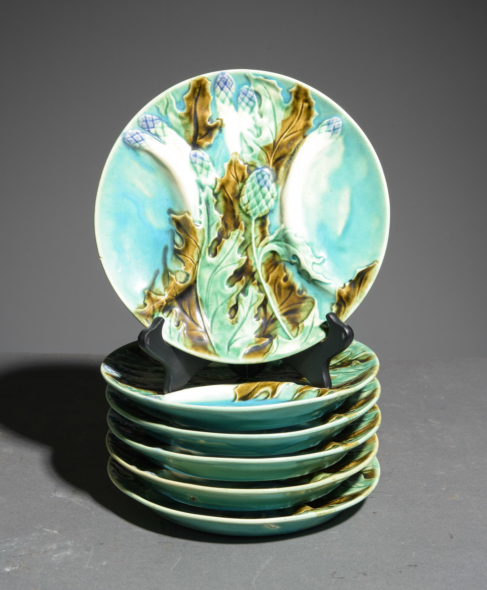 French Set of 6 Earthenware Asparagus Plates: French Set of 6 Earthenware Asparagus Plates - 1 in tall x 9.5 inch diameter each