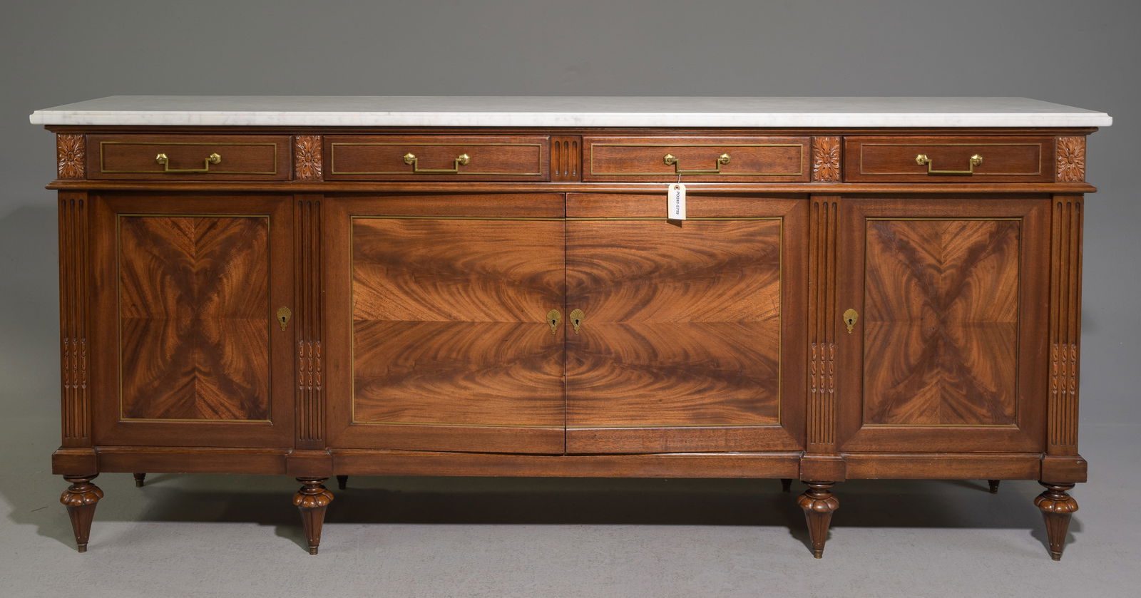 Louis XVI Style White Marble Top Sideboard #1: French Louis XVI Style White Marble Top Mahogany Sideboard / Enfilade - 41 in tall x 94.75 x 21.25