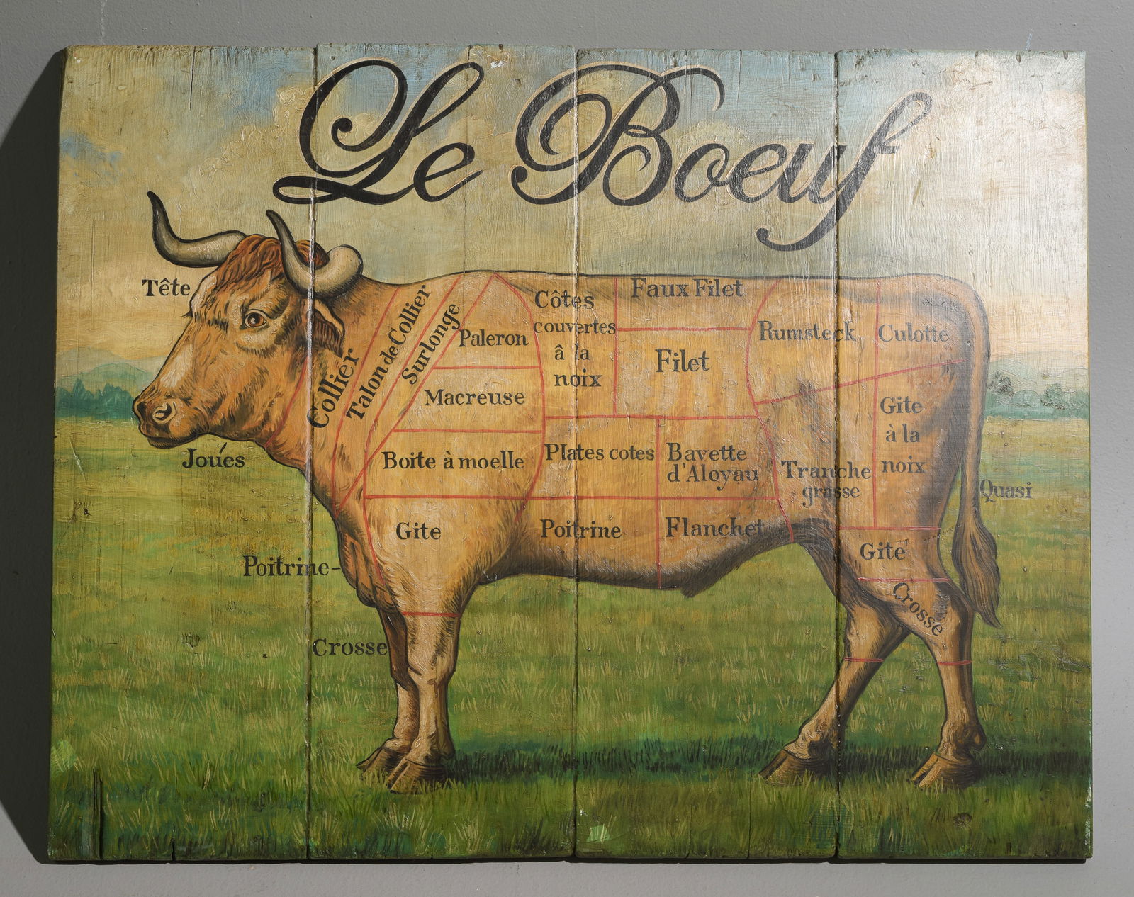 "Le Boeuf" Painted Oak Butchers Sign: "Le Boeuf" Painted Oak Butchers Sign - 36 in tall x 45.5 x 1.5