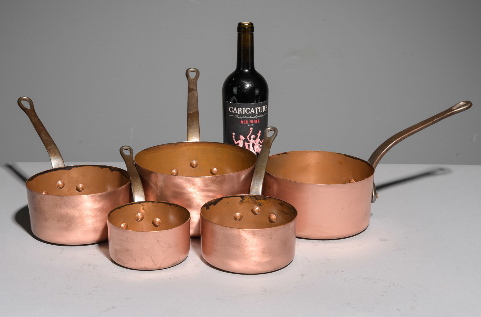 French Polished Copper Set of 5 Sauce Pans #2: French Polished Copper Set of 5 Sauce Pans - largest is 8 in tall x 15.5 x 8 - Reminder, measurements are for shipping purposes