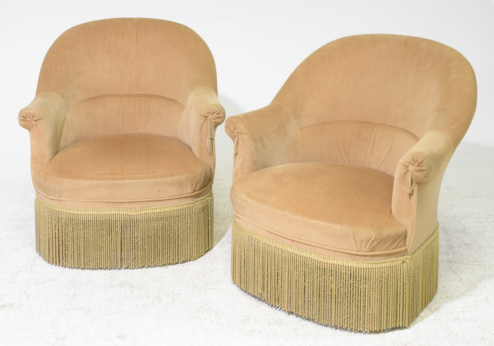 French Pair of Beech Wood Crapeau Chairs: French Pair of Beech Wood Upholstered Crapeau Chairs with Fringed Skirting - 31 in tall x 30 x 31 each with a seat height of 16 inches
