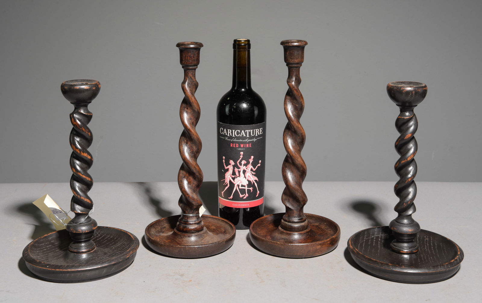 2 British Oak Barley Twist Pairs of Candlesticks #1: 2 British Oak Barley Twist Pairs of Candlesticks - One pair is 10.25 in tall x 6.25 inch diameter each and the other pair is 12 in tall x 6 inch diameter each