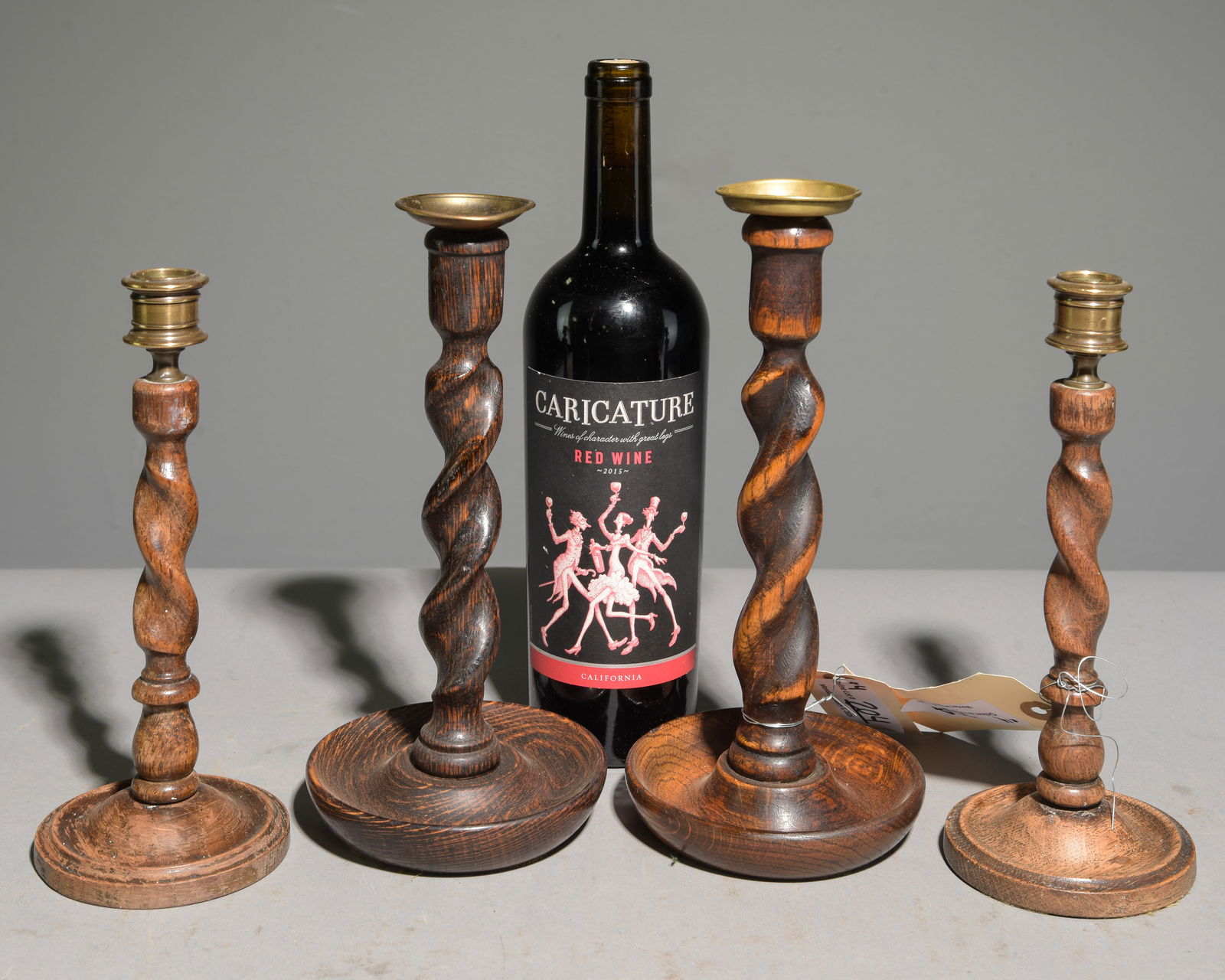 2 British Oak Barley Twist Pairs of Candlesticks #2: 2 British Oak Barley Twist Pairs of Candlesticks with Brass Caps - One pair is 10 in tall x 5 inch diameter each and the other pair is 9 in tall x 4 inch diameter each