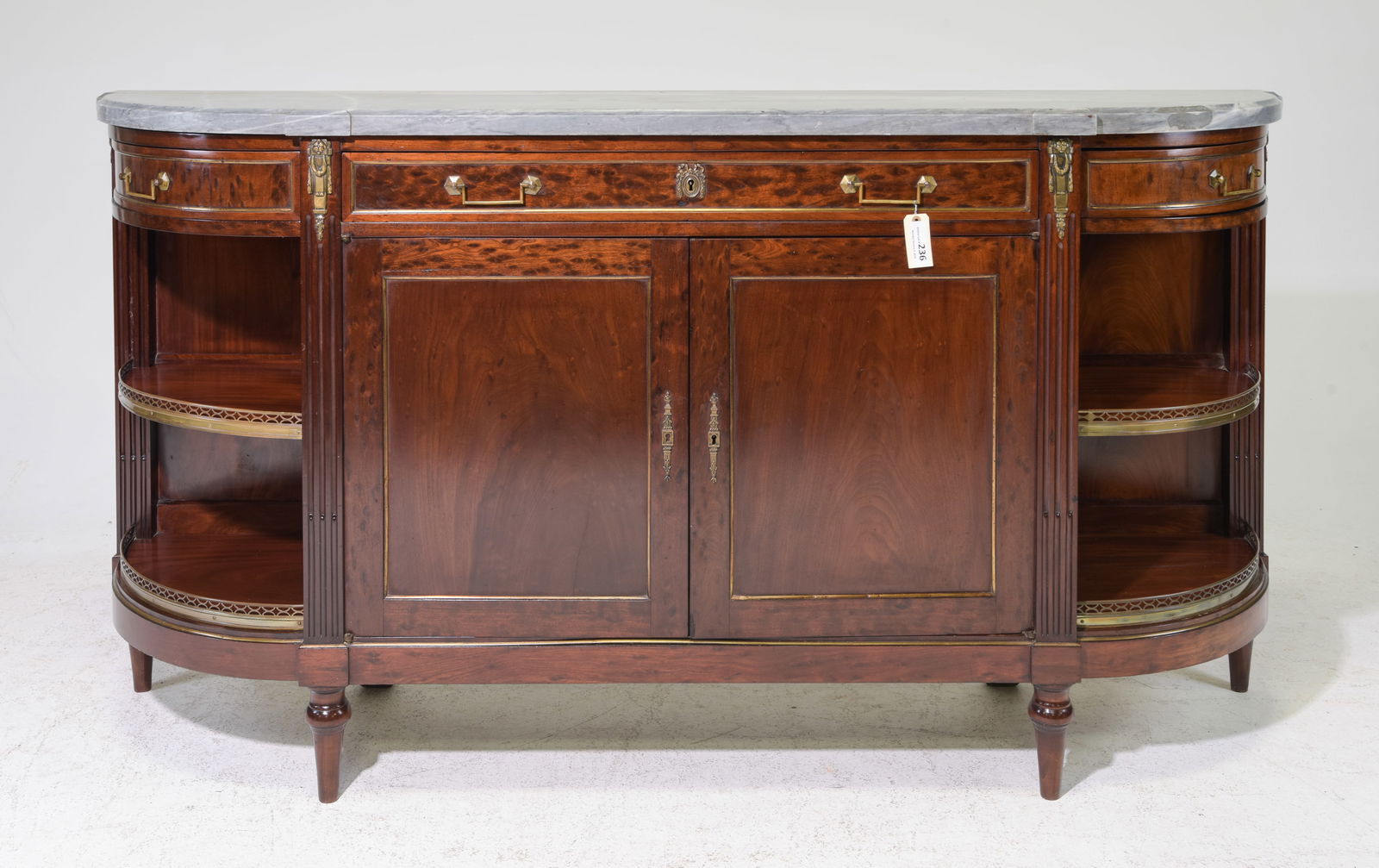 Louis XVI Style Marble Top Curved Sideboard: French Louis XVI Style Marble Top Curved Sideboard / Enfilade with Open Ends - 42.5 in tall x 81.5 x 20