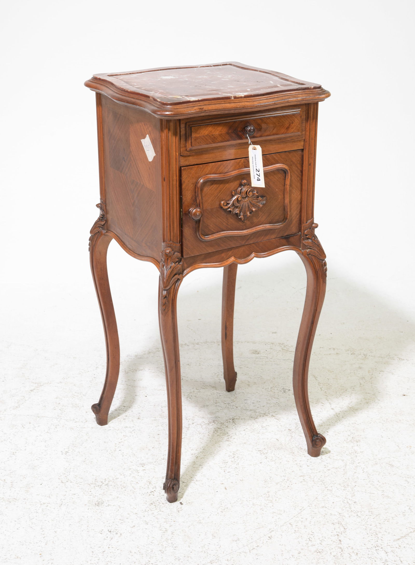 Louis XV Style Walnut Marble Top Nightstand: French Louis XV Style Walnut Inset Marble Top Nightstand - 33 in tall x 16 x 16