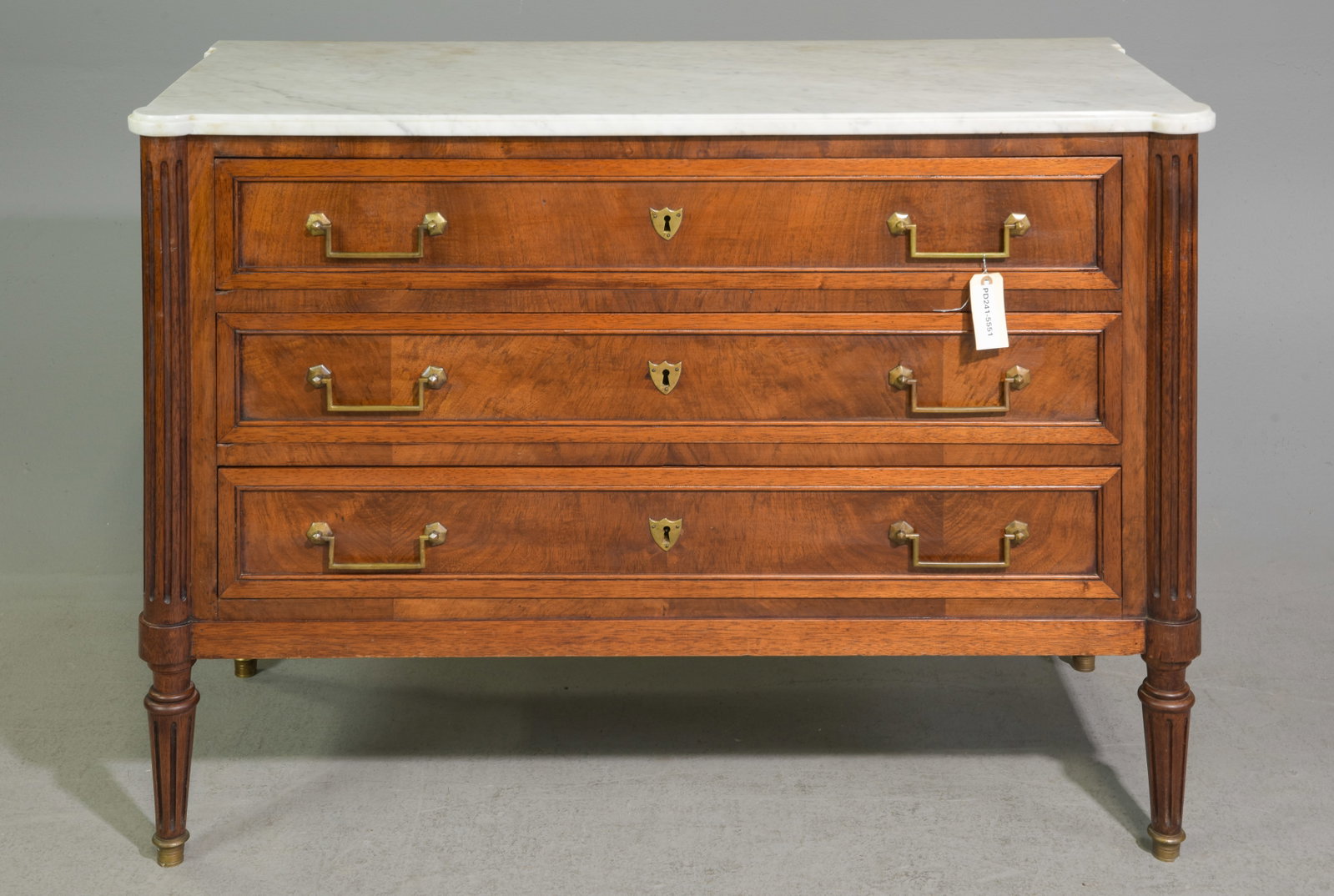 Louis XVI Style White Marble Top Chest: French Louis XVI Style White Marble Top Three Drawer Chest - 34 in tall x 47 x 21