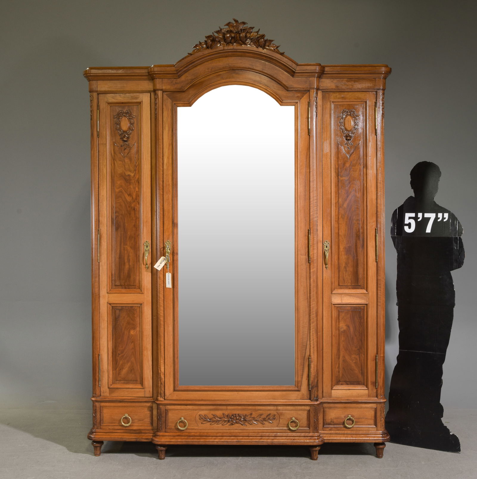 Louis XVI Style Mirror Door Walnut Armoire: French Louis XVI Style Mirror Door Walnut Armoire - 96 in tall x 70 x 25