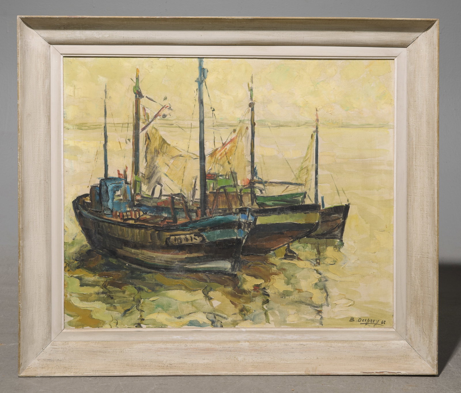 B. Desprey Framed Oil on Canvas Boat Art: B. Desprey Framed Oil on Canvas Boat Art - 27.5 in tall x 31.5 x 2, The work itself is 22 x 26