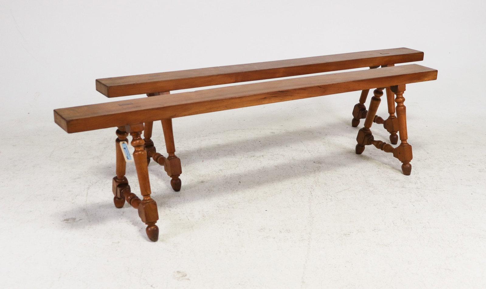 French Pair of Turned Leg Farmhouse Benches: French Louis Philippe Style Pair of Turned Leg Farmhouse Benches - 19 in tall x 71.5 x 15 each, Seat depth is 6.25 inches