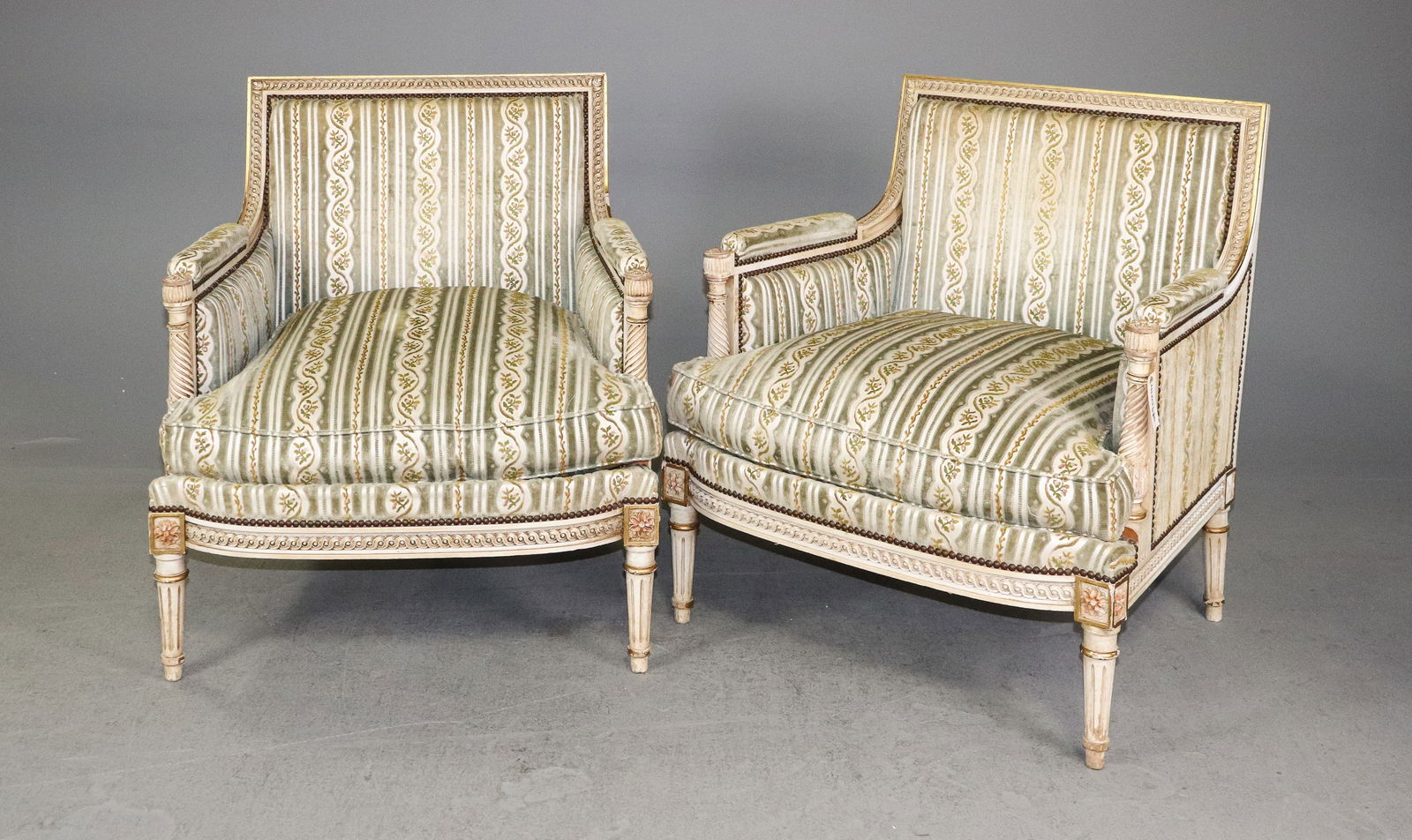 Pair Of Louis XVI Style Painted Armchairs: Pair Of French Louis XVI Style Painted Armchairs - 35.5 in tall x 31.5 x 29, seat height is 20 in