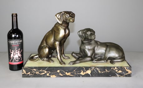 French Art Deco Statue Of Dogs On Marble Base