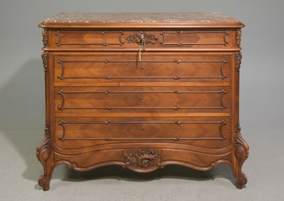 Louis XV Style Walnut Inset Marble Top Chest