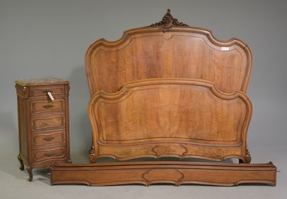 Louis XV Style Walnut Bed with Rails & Nightstand