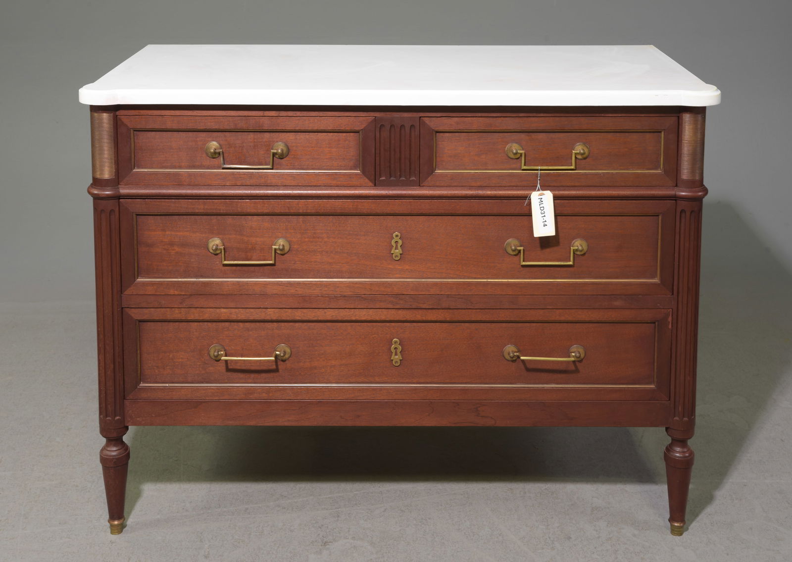 Louis XVI Style White Marble Top Chest #2: French Louis XVI Style White Marble Top Mahogany Four Drawer Chest - 34.5 in tall x 45.5 x 21 - The marble has been painted