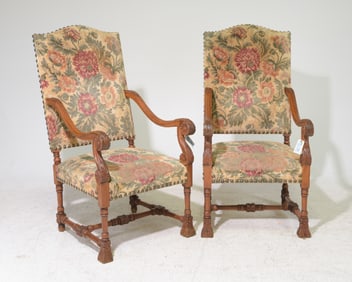 Renaissance Style Pair of Oak Fireside Arm Chairs