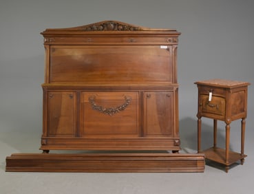 Louis XVI Style Walnut Bed with Rails & Nightstand