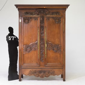 French Normandy Style Carved Oak Marriage Armoire