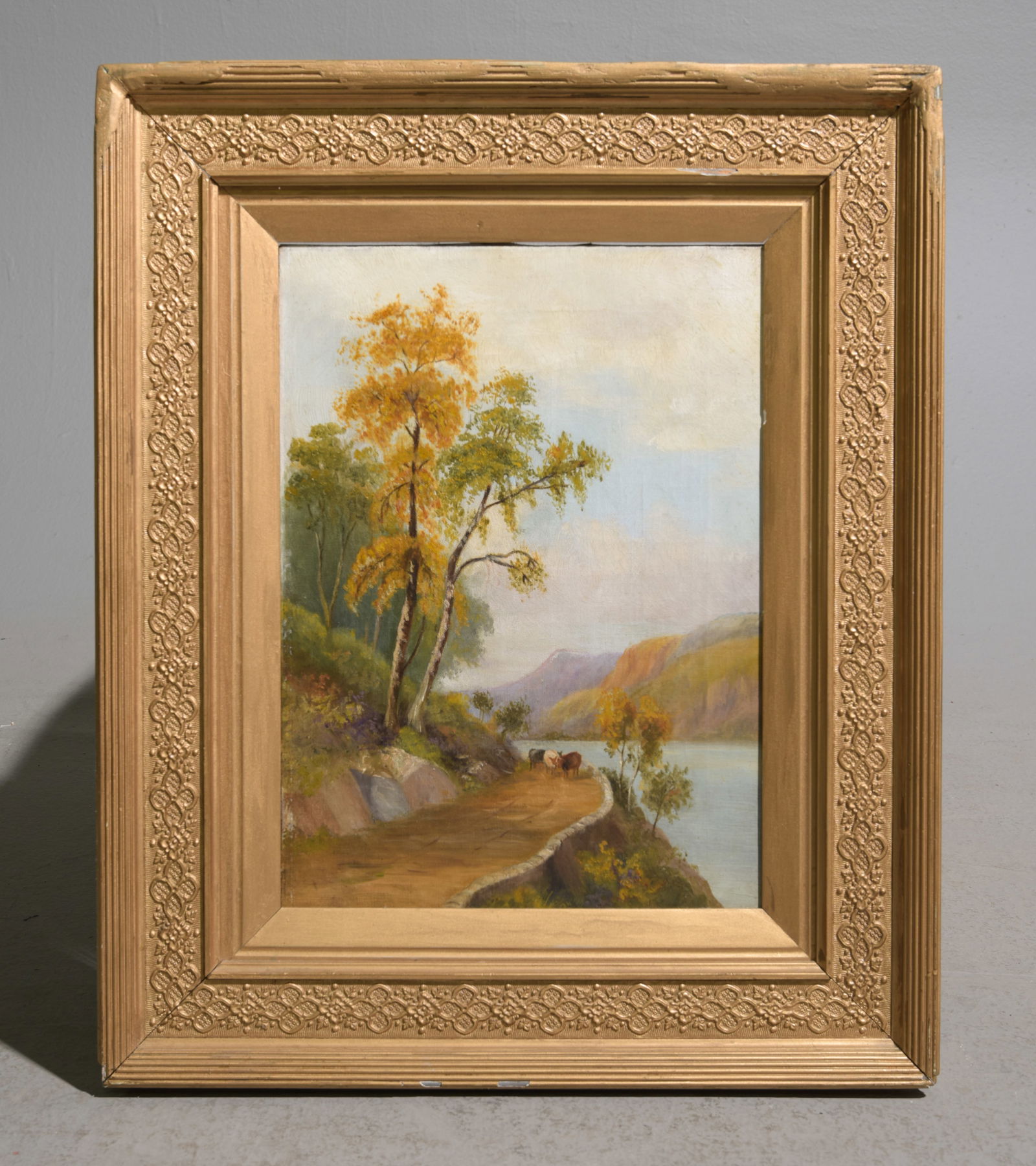 Antique Gold Framed Oil on Canvas Landscape with Cows (1 of 3)