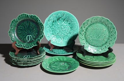 15 Assorted Green Majolica Plates
