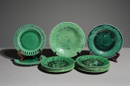 13 Assorted Green Majolica Plates