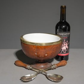 British Oak Porcelain Lined Bowl with Utensils