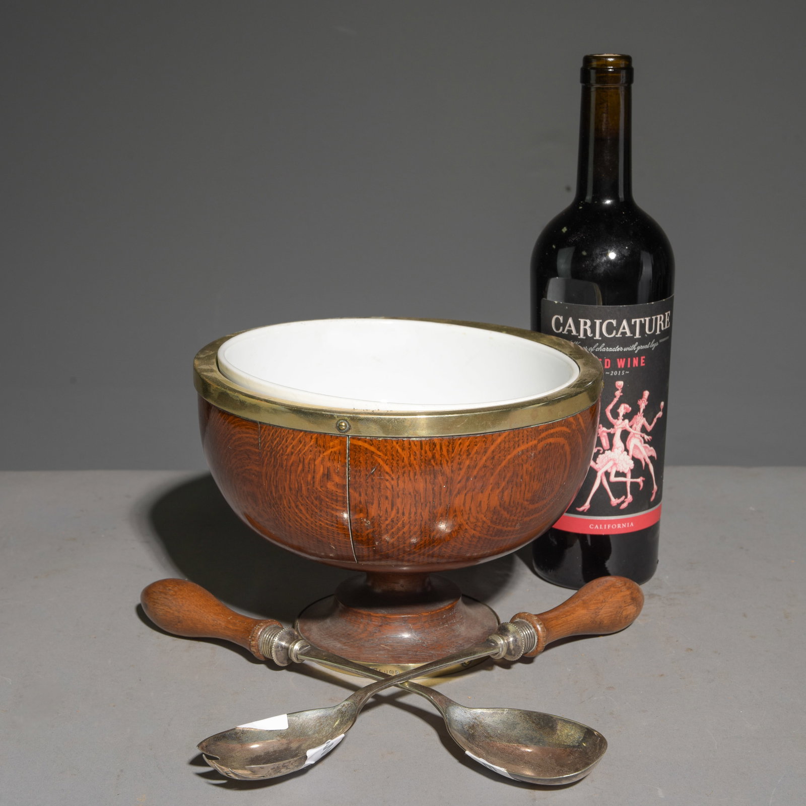 British Oak Porcelain Lined Bowl with Utensils: British Oak Porcelain Lined Bowl with Utensils - 6 in tall x 8.5 inch diameter, Utensils are 11.5 inches long each