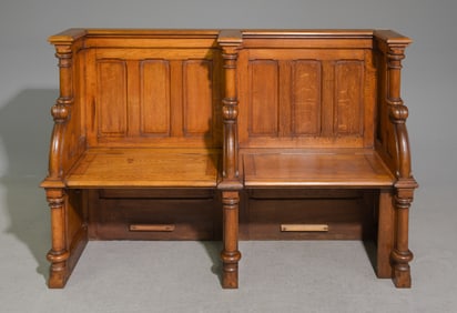 French Solid Oak Two Person Church Pew / Bench