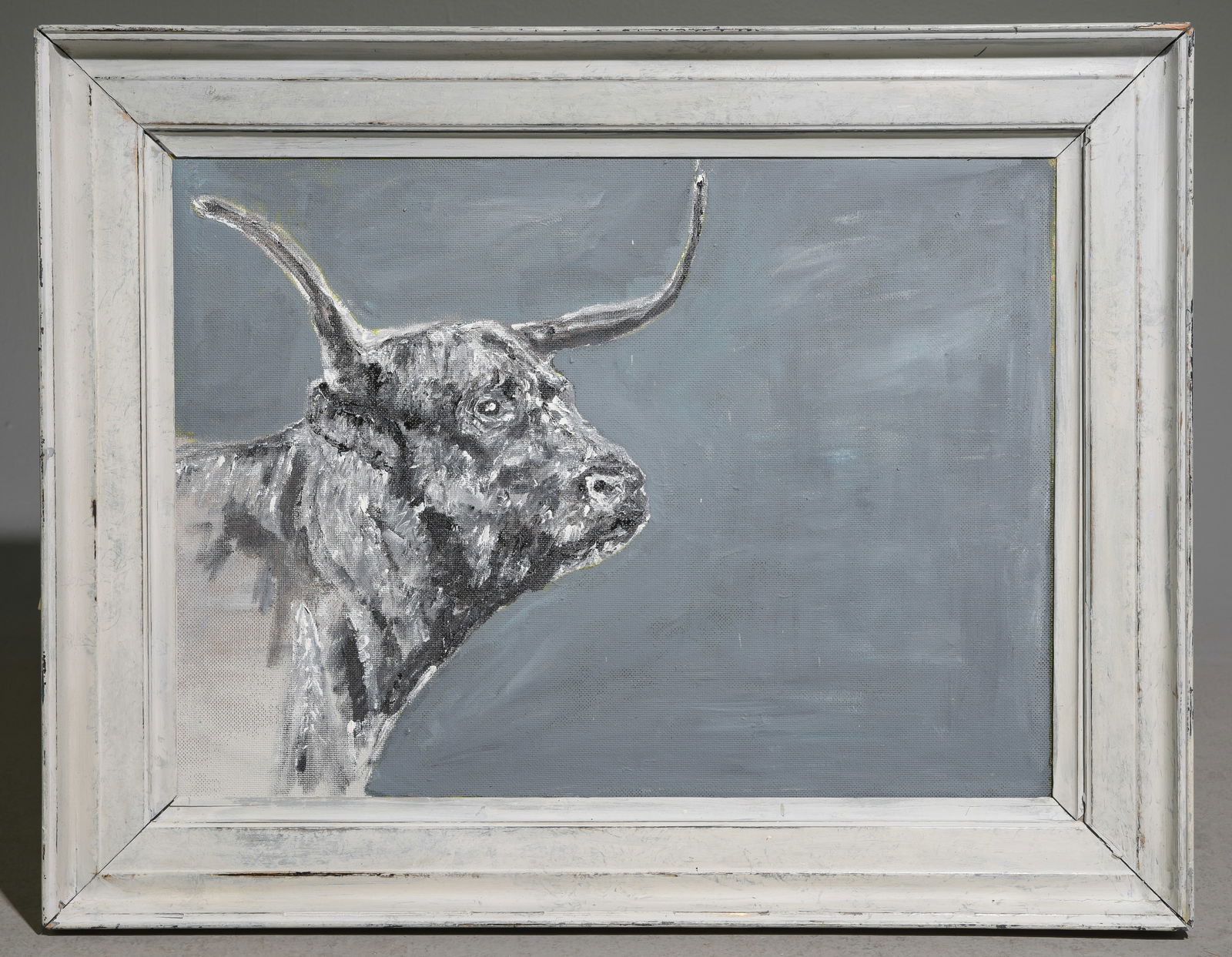 Grey Painted Framed Acrylic on Board - Longhorn: Grey Painted Framed Acrylic on Board - Longhorn - 27.5 in tall x 35 x 2