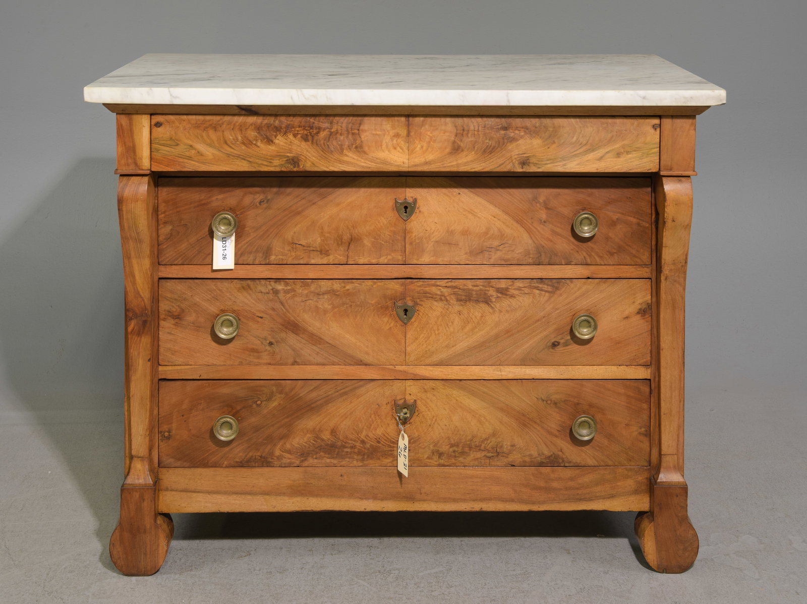 French Empire Style Walnut White Marble Top Chest: French Empire Style Walnut White Marble Top Chest - 37.5 in tall x 46.75 x 24