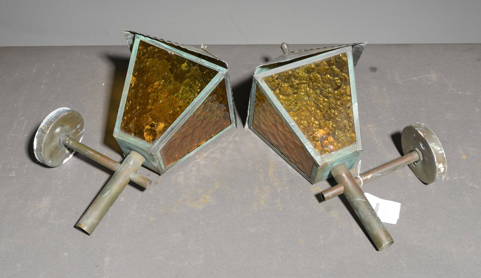 Swedish Pair of Sconces with Amber Glass: Swedish Pair of Sconces / Porch Lights with Amber Glass - 16.5 in tall x 8 x 10 each