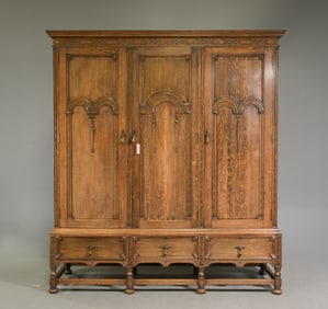 British Carved Oak Triple Door Robe / Cupboard