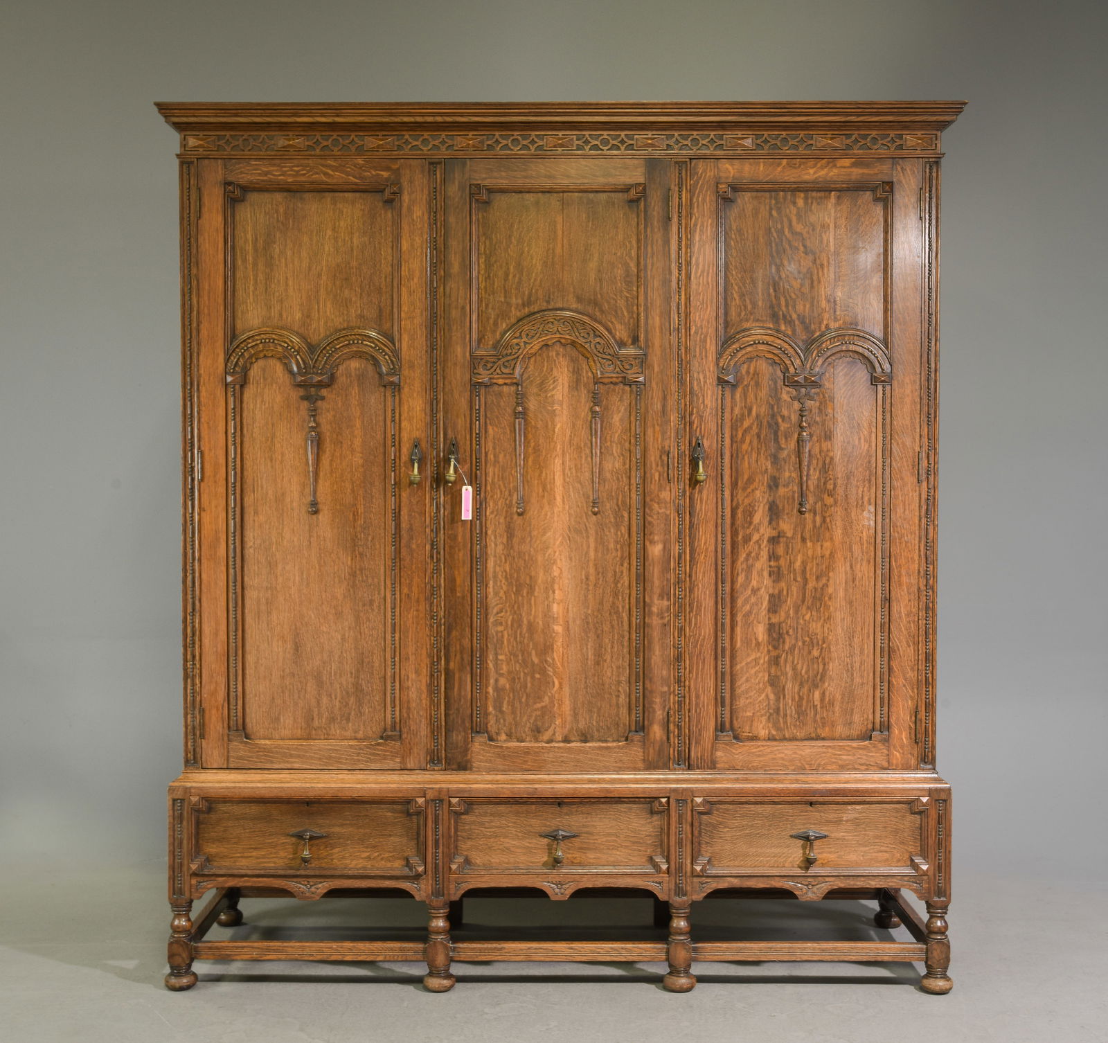 British Carved Oak Triple Door Robe / Cupboard: British Carved Oak Triple Door Robe / Cupboard - 84.5 in tall x 76.5 x 26