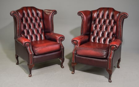 2 British Chesterfield Red Leather Wing Back Chairs