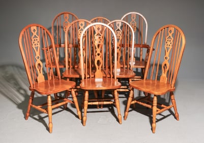 British Oak Set of 8 Windsor Style Wheel Back Chairs