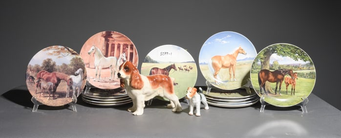 13 Decorative Equestrian Plates & 2 Dog Figures