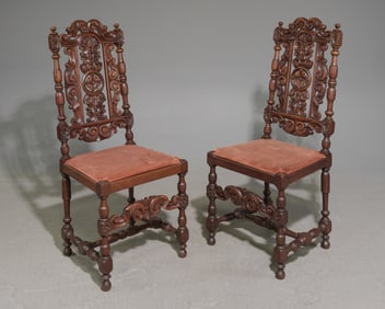 British Carved Oak Pair of Hall Chairs