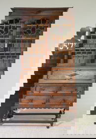 Jacobean Oak Stained Glass Bureau Bookcase