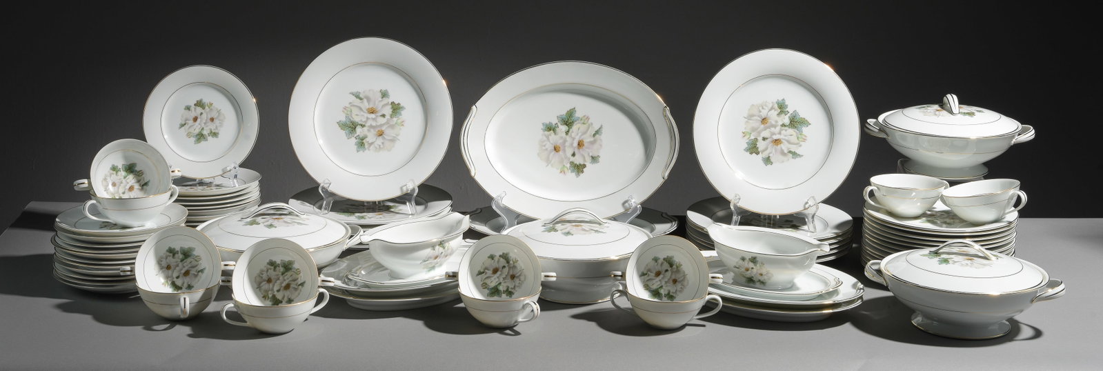 72pc Collection of Japanese "White Rose" China: 72pc Collection of Japanese "White Rose" China - Largest platter is - 1.5 in tall x 14 x 10.25