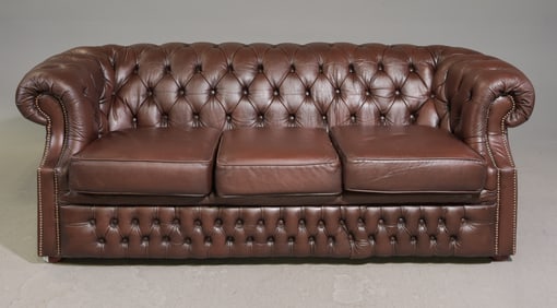 British Chesterfield Brown Leather Three Seater Sofa