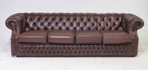 British Chesterfield Brown Leather Four Seater Sofa