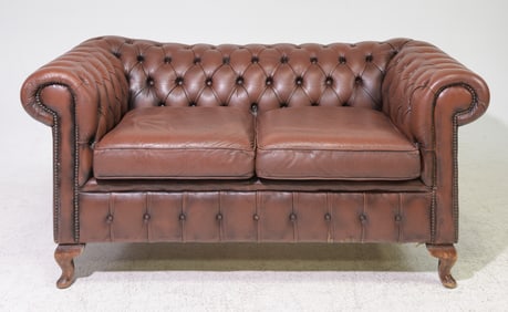 British Chesterfield Brown Leather Two Seater Sofa