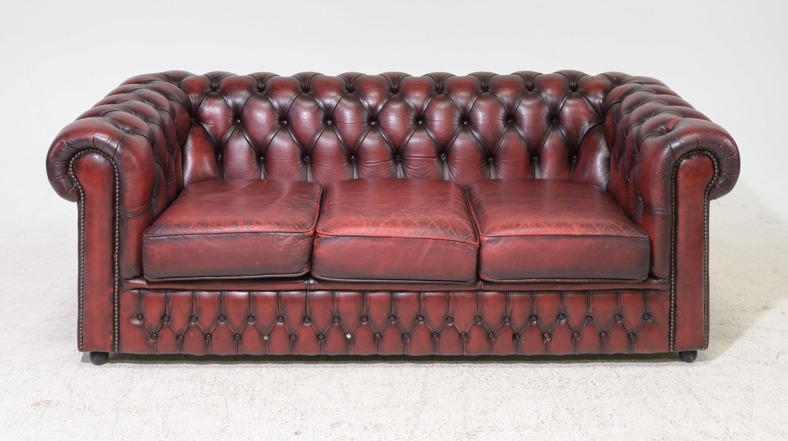 British Red Leather Chesterfield Three Seater Sofa (1 of 8)