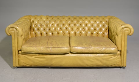 British Button Tufted Leather Two Seater Sofa