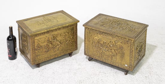 2 Embossed Brass Small Coal / Log Boxes