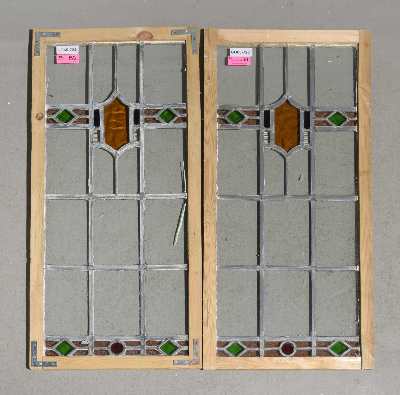 2 British Large Stained Glass Windows: 2 British Large Stained Leaded Glass Windows - These are in new frames - 39.5 in tall x 19.5 x 1 each