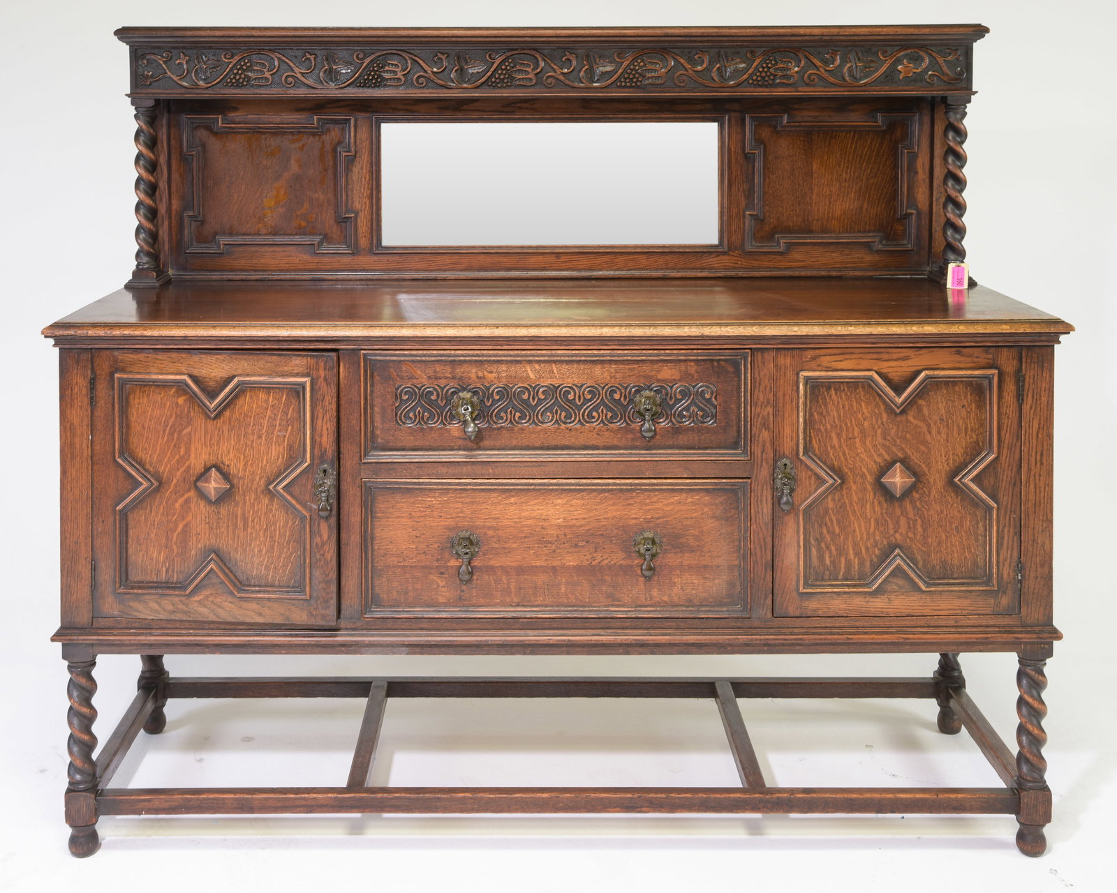 Jacobean Carved Oak Barley Twist Mirror Back Sideboard: British Jacobean Carved Oak Barley Twist Mirror Back Sideboard / Server c.1920's-30's - 60.5 in tall x 71.5 x 24, Floor to the surface is 38.5 inches