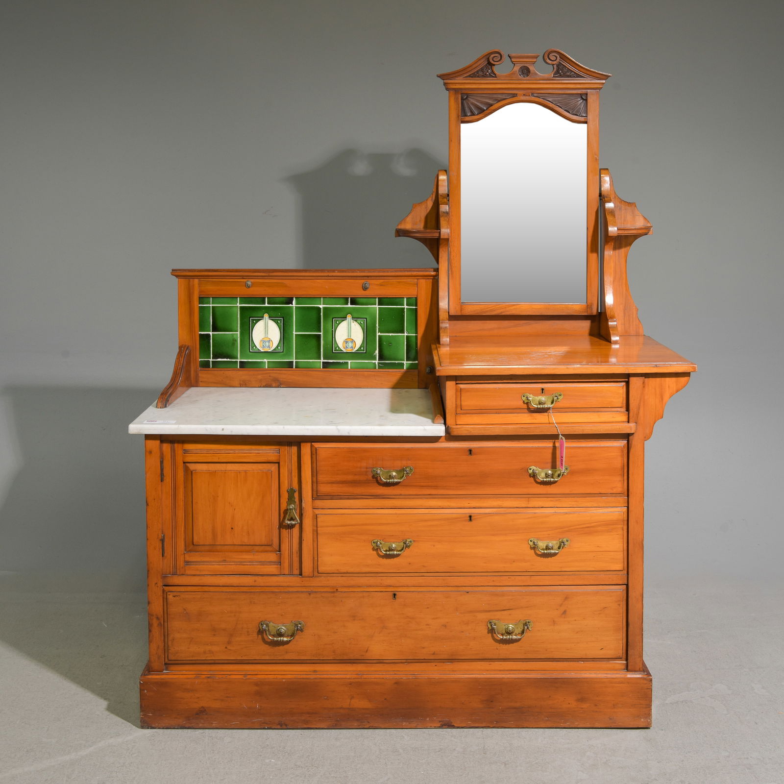 English Walnut Tile Back Washstand c.1930's: English Walnut Tile Back Washstand c.1930's-40's - 66 in tall x 53 x 20.5