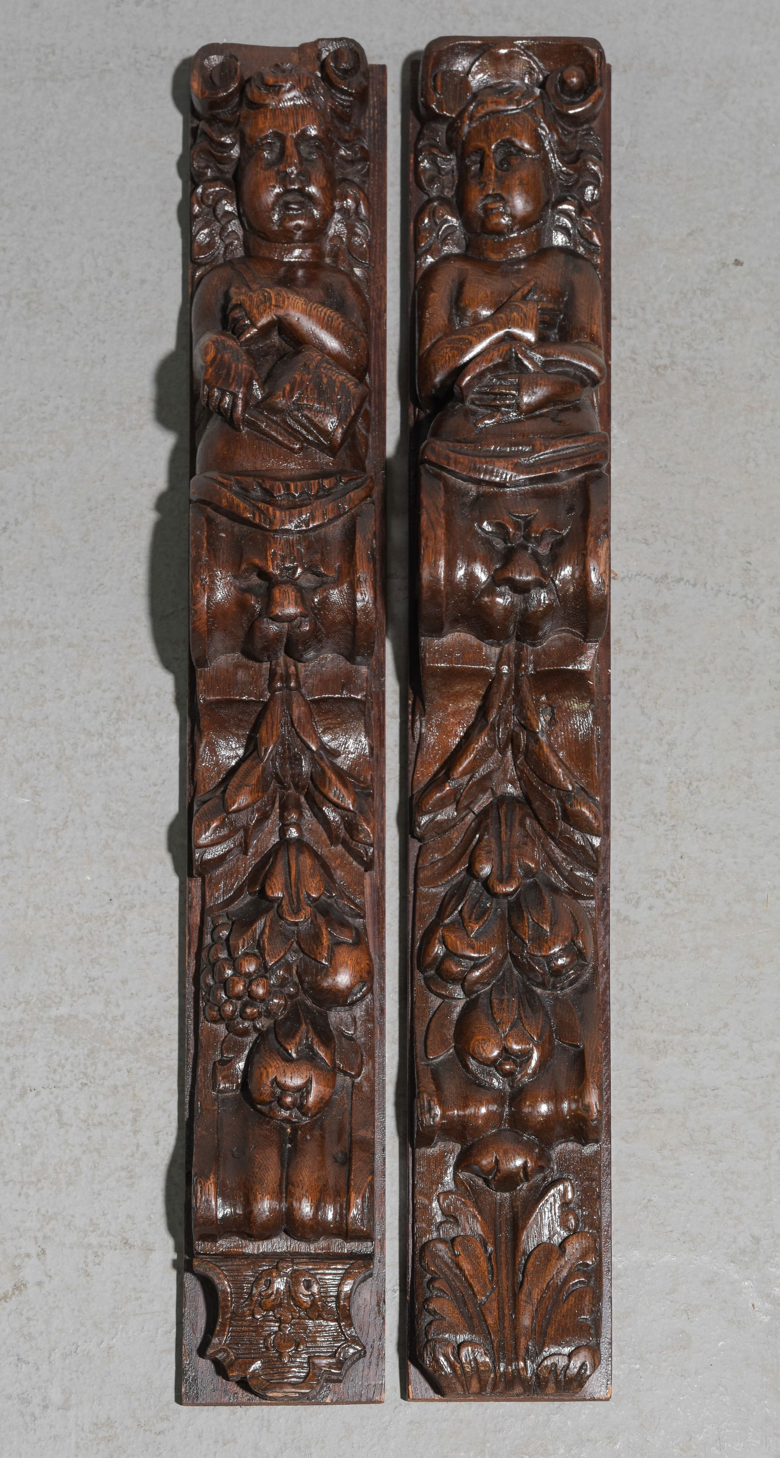 2 English Carved Oak Decorative Wall Appliques: 2 English Carved Oak Decorative Wall Appliques - 27 in tall x 4 x 4 each