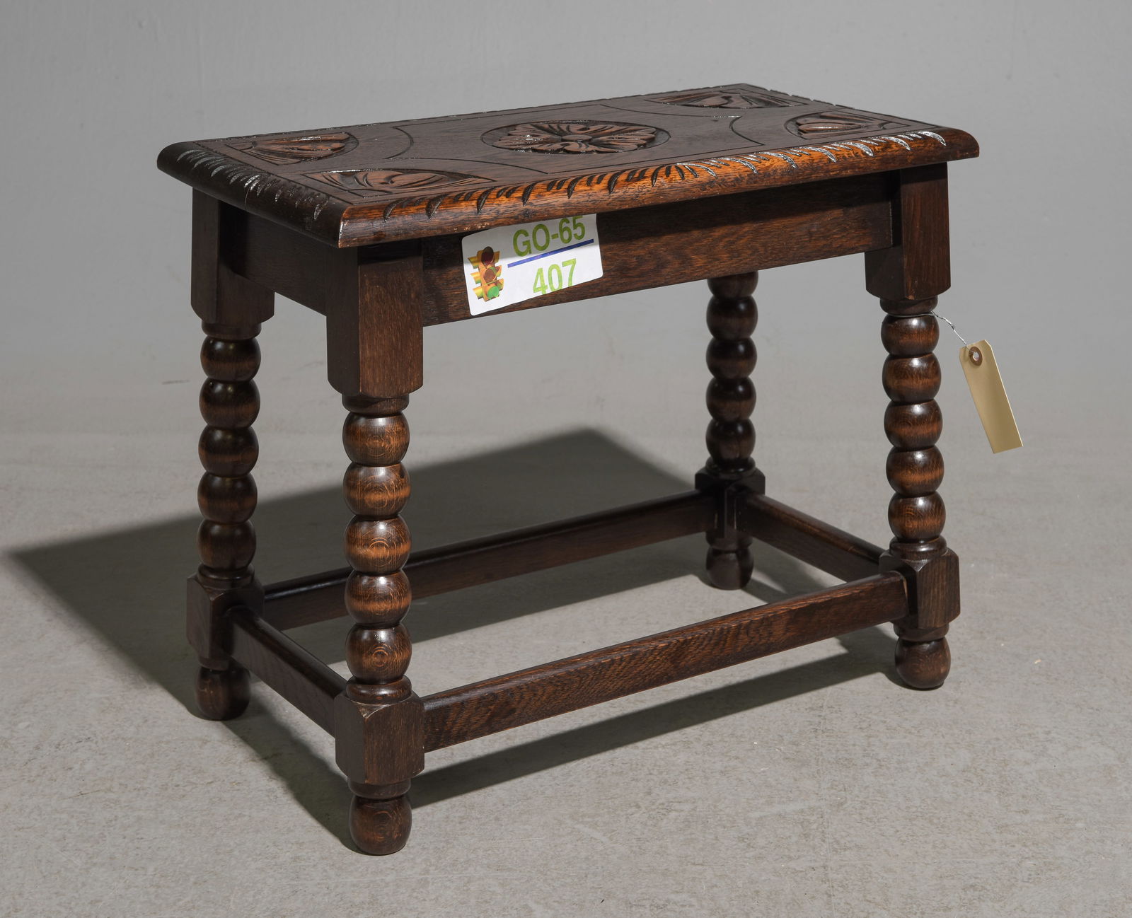 British Carved Oak Bobbin Turned Joint Stool: British Carved Oak Bobbin Turned Joint Stool - 17 in tall x 20.25 x 11
